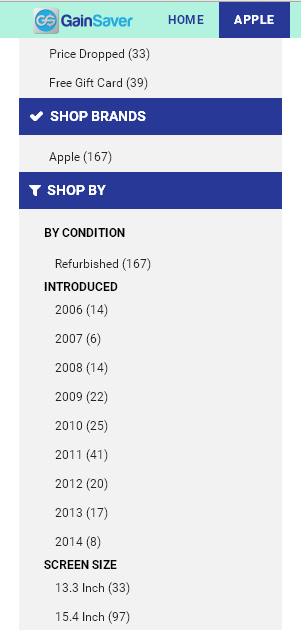 The navigation pane lets you filter your search for cheap Macs on the GainSaver website.
