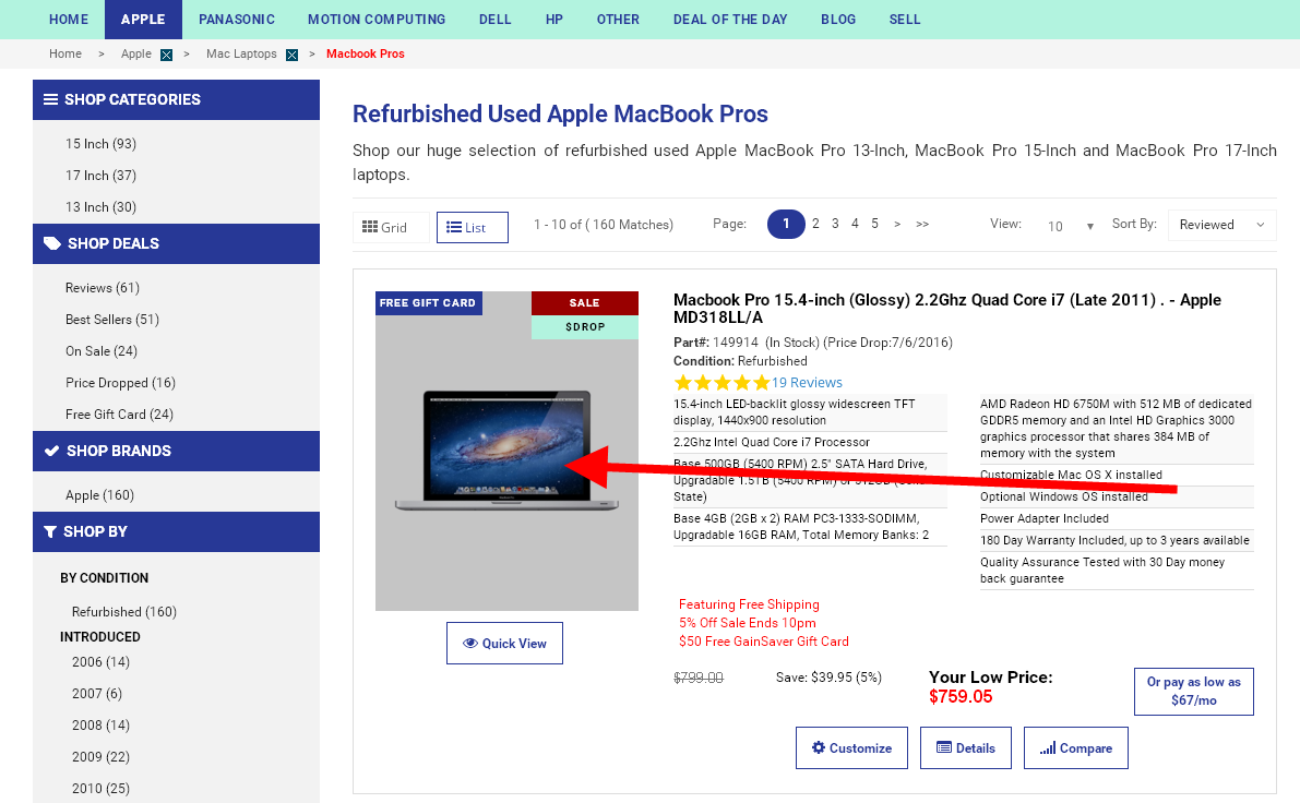 Click the item image to see a detailed description of the refurbished used Macbook Pro.
