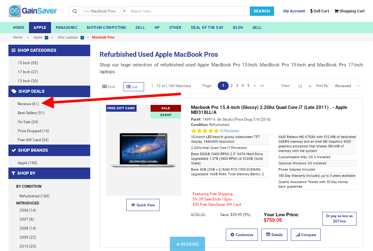 Limit the category listing to refurbished used Macbook Pros with customer reviews.