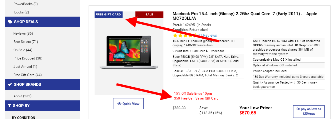 Refurbished used Mac and PC systems with Free Gift Cards are clearly marked.