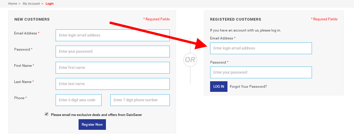 The GainSaver login screen for returning customers.