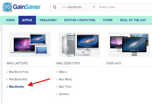 The refurbished Macbook menu option on the GainSaver website.