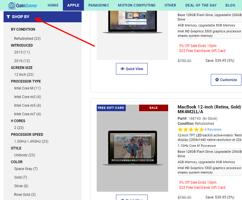 Use the filters to view only the refurbished Macbooks you want.