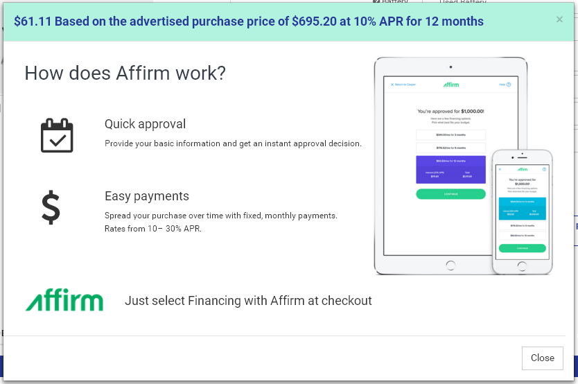 The Affirm example payment for the selected item.