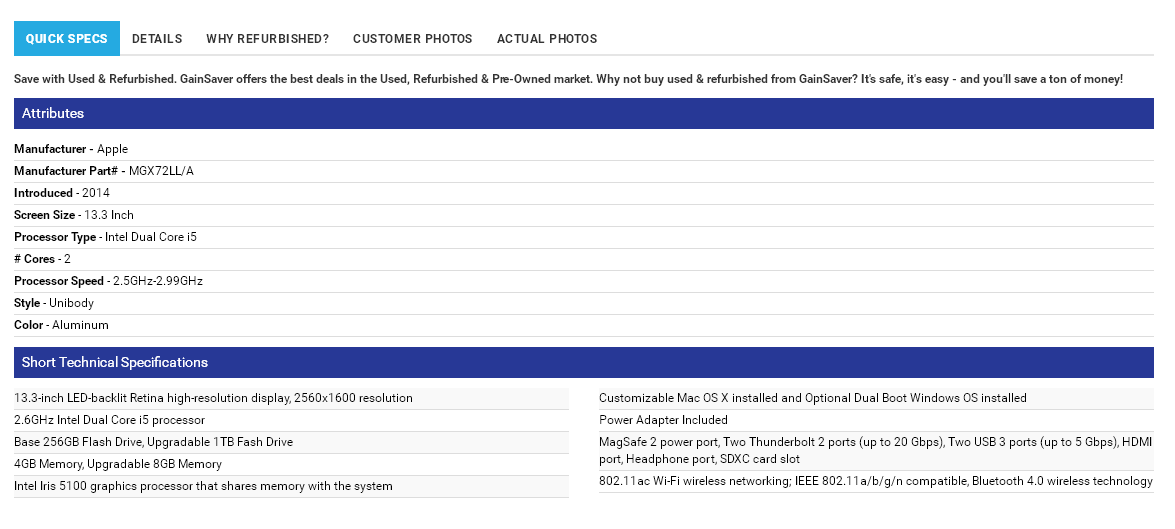 The Quick Specs tab shows you all the essential information on the used discount Mac you have selected.