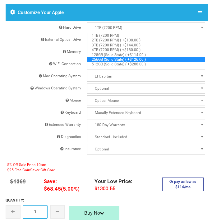 You can select the hard drive you want installed in your refurbished Mac or PC using the GainSaver Configurator.