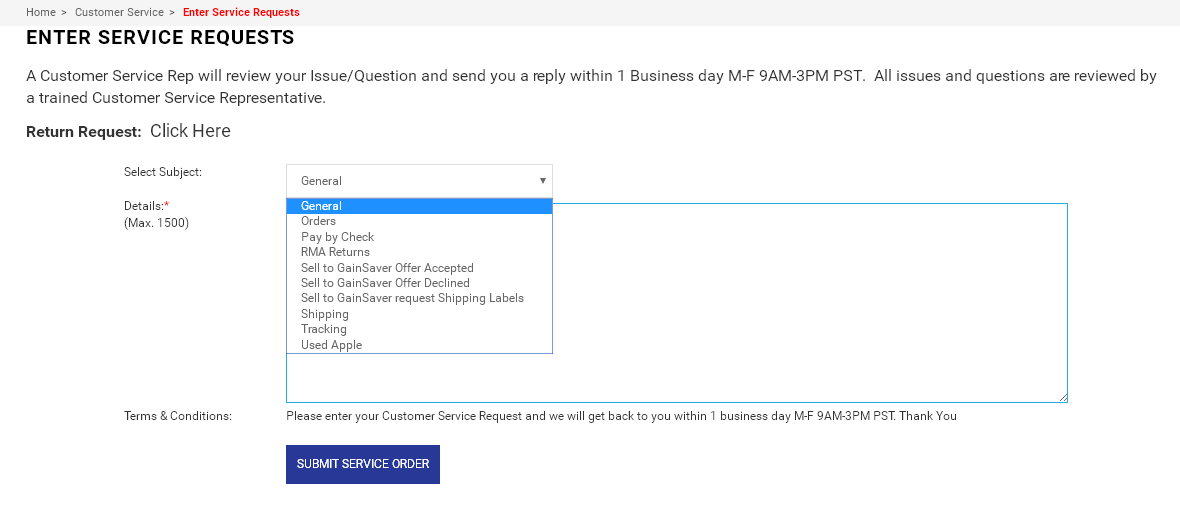 Select a subject for your Customer Service Request