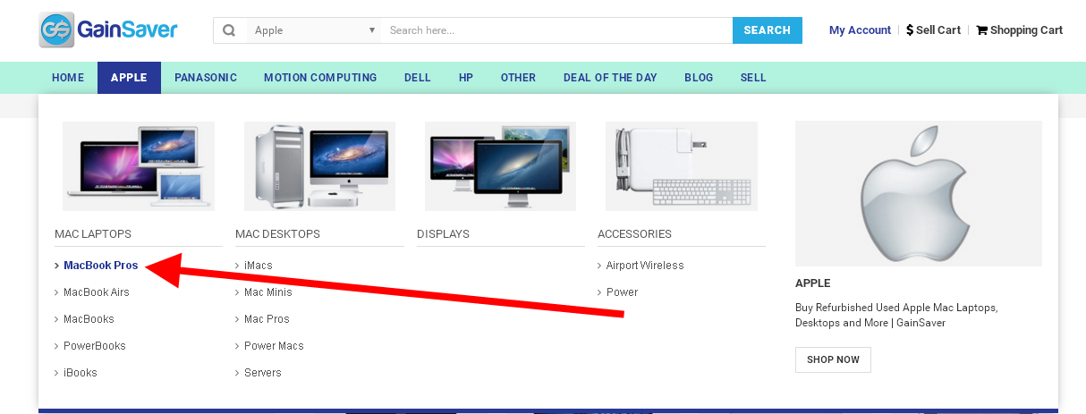 Click on the Macbook Pro link to view the items in the refurbished used Macbook Pro category.