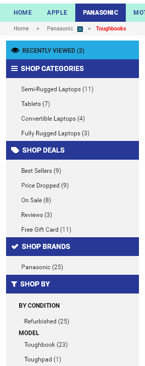 Click on the filters in the navigation panel in the refurbished Panasonic Toughbook category listview.