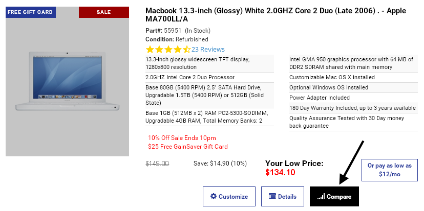 Find a cheap refurbished MacBook or MacBook Pro you like and click the Compare button for that item.