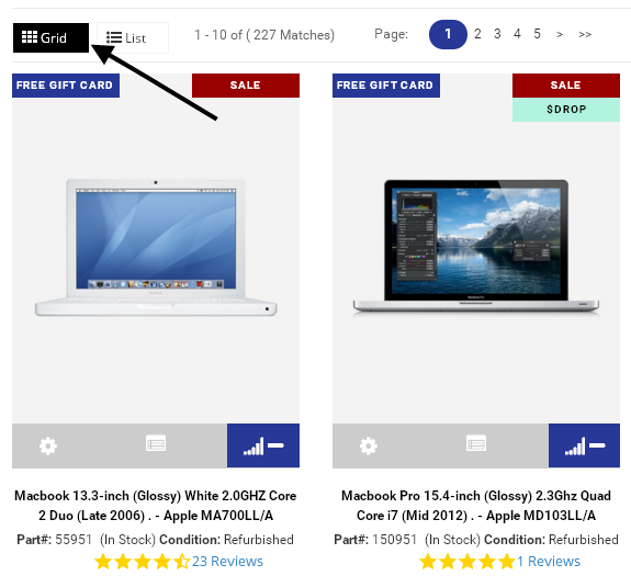 The Grid Button lets you compare cheap refurbished discounted MacBook and MacBook Pro laptops nex to each other.